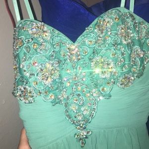 Strapless teal beaded mini dress